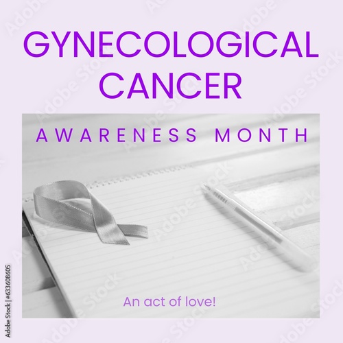 Composite of gynecological cancer awareness month over notebook with ribbon on grey background