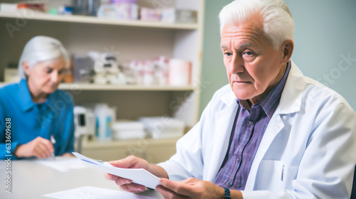 a concerned elderly patient sitting in a doctor's office, holding a prescription for corticosteroids in one hand photo