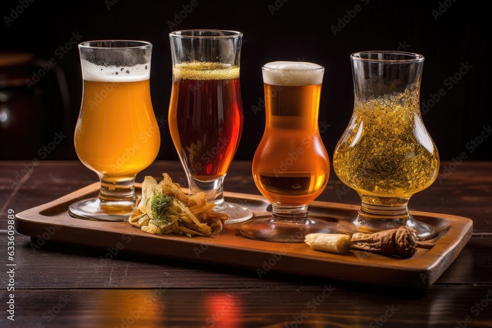 glass beakers with beer samples for tasting glass beakers with beer samples for tasting