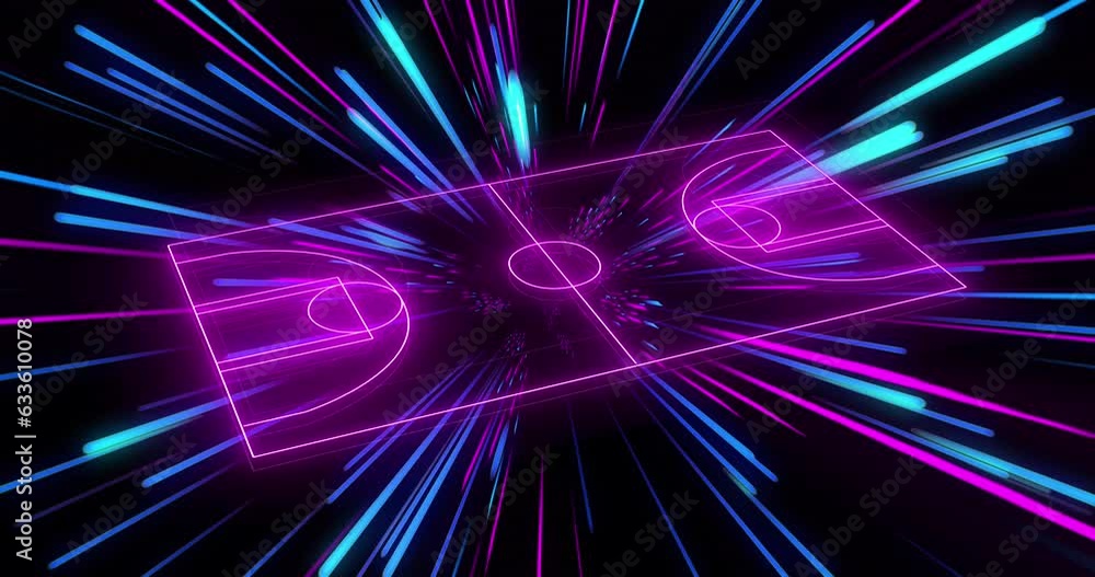 Animation of pink neon sports field over pink and blue neon light trails Animation of pink neon sports field over pink and blue neon light trails