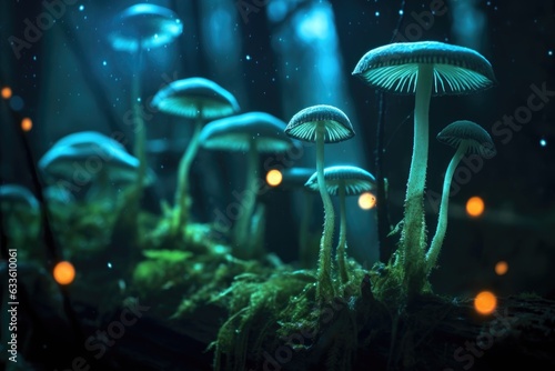 macro shot of bioluminescent spores in the dark
