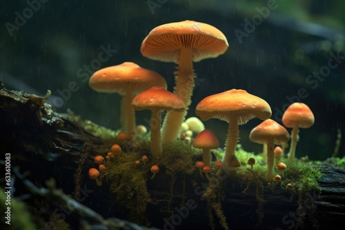 cluster of glowing fungi on a mossy rock