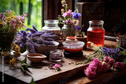 aromatic tea herbs and flowers on a wooden table