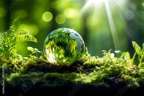 renewable energy light bulb with green energy, Earth Day or environment protection Hands protect forests that grow on the ground and help save the world, solar panels 