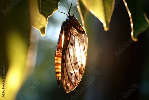 chrysalis hanging on a leaf in sunlight photo