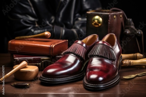 leather shoes being polished with brush