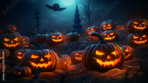 Halloween background with group of jack O lantern