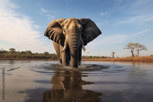 bull elephant charging towards a tree, showcasing power