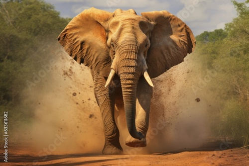 majestic bull elephant charging through open savannah © altitudevisual