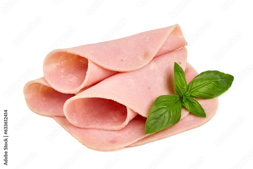 Sliced boiled ham sausage, isolated on white background. Sliced boiled ham sausage, isolated on white background.