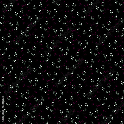Dark floral fabric pattern in Ditsy style White tulips and pink purple magenta leaves flat lay on black background