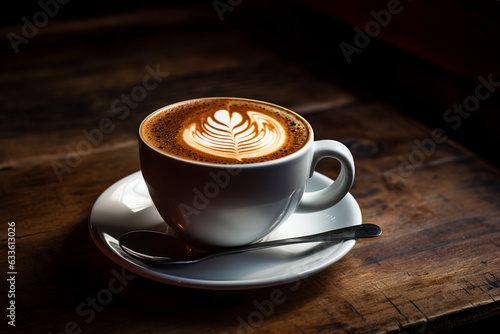 cup of coffee with latte art on a wooden table, flat lay