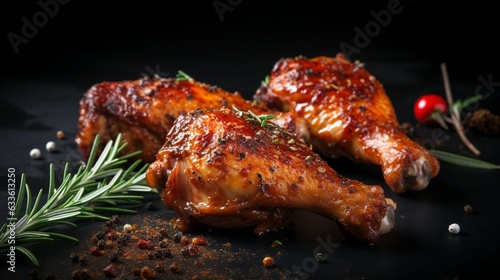 Baked spicy chicken legs with rosemary and garlic on black slate, dark background. Generative AI