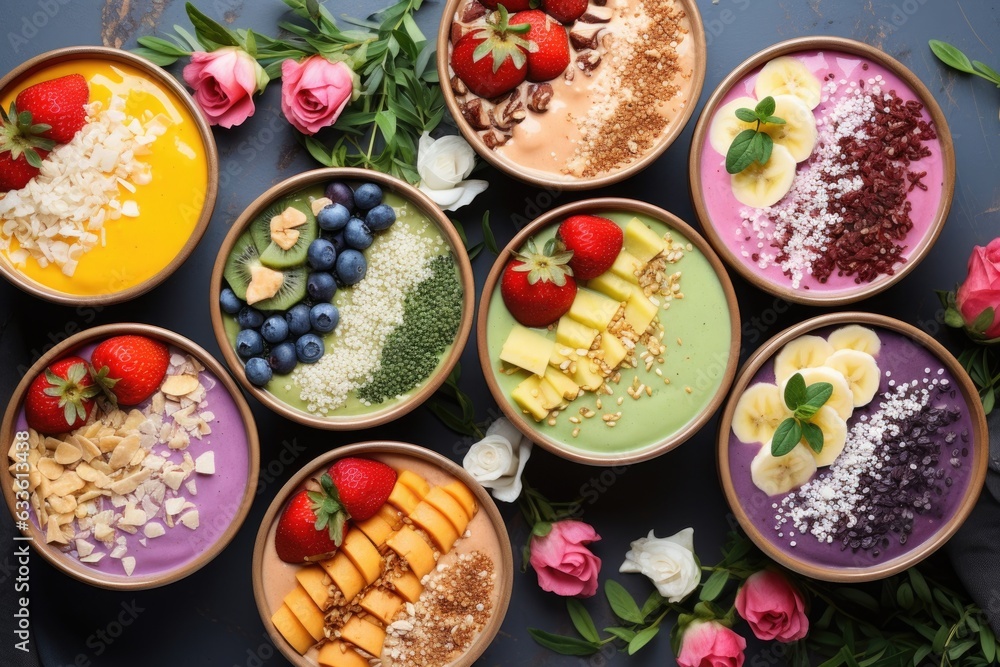 flat lay of colorful smoothie bowls with various toppings flat lay of colorful smoothie bowls with various toppings