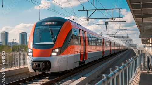 Electric passenger train drives at speed among urban landscape, Travel transportation concept.