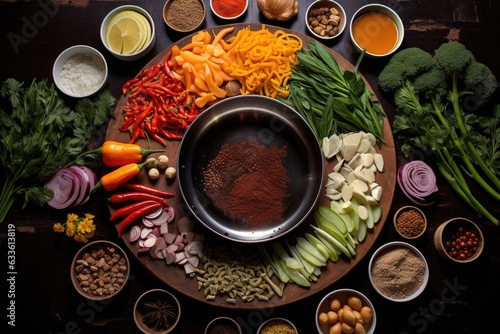 ingredients for a wok dish arranged in a circle around the pan