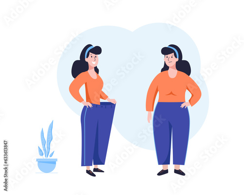 The concept of successful weight loss. Fat and slim girl. Happy fit woman in oversized pants and sad version