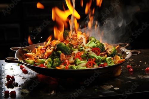wok on fire with dramatic flames and food