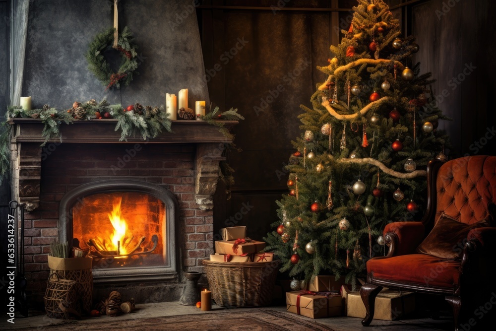 christmas tree with a cozy fireplace in the background christmas tree with a cozy fireplace in the background