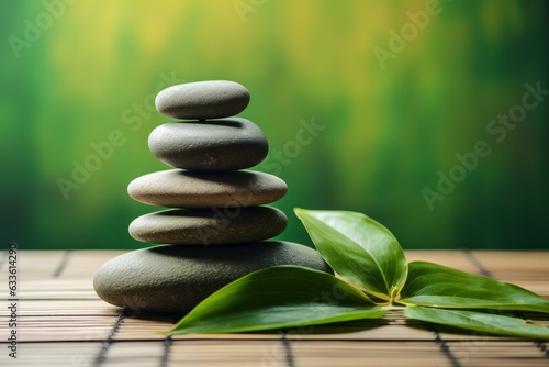 Stacked stones with wooden spa theme board, green leaves and sticks