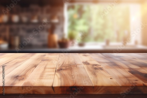 Kitchen wooden table top for product display or podium with blurred modern kitchen background