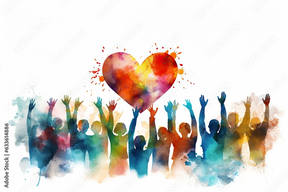 Group of people with arms and hands raised towards a painted hearts. Watercolour painting - obrazy, fototapety, plakaty 