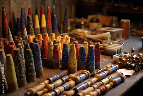 assembly line of firework shells and casings