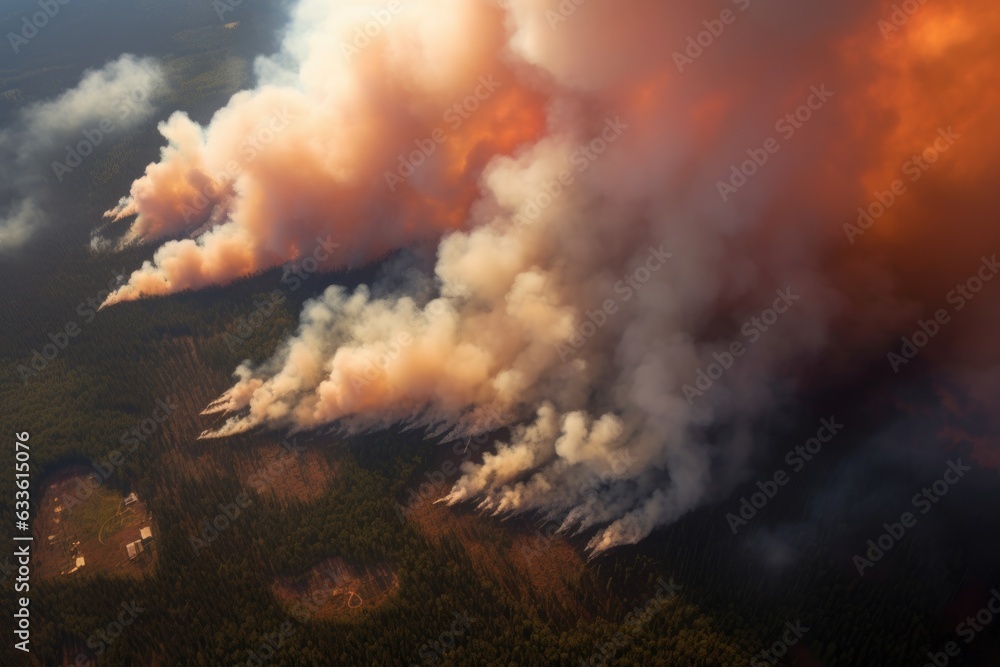 aerial view of blazing forest fire and thick smoke