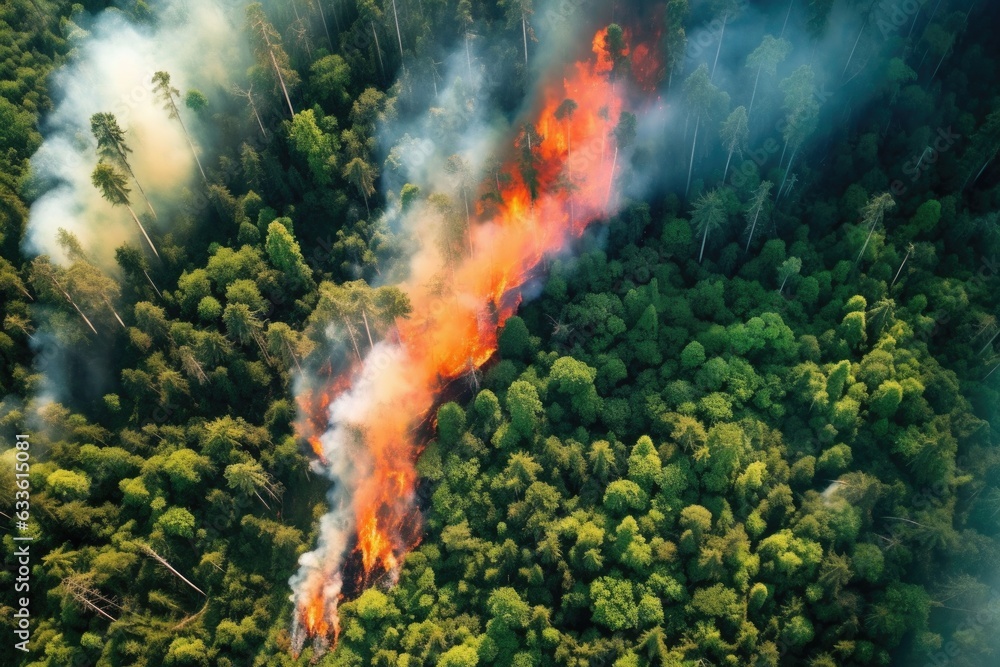 Fototapeta premium aerial shot of fire dividing lush green forest