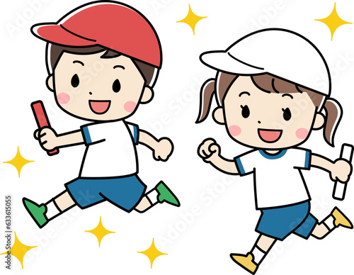 リレーでバトンを持って走る子供達のイラスト