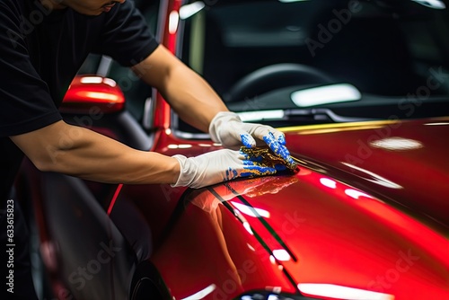 Close up of a auto body mechanic buffing a scratch on sports car © ttonaorh