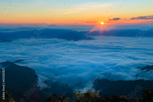 Doi pha tang mountains and morning fog in Chiang rai, Thailand