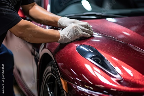 Close up of a auto body mechanic buffing a scratch on sports car
