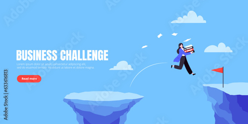 Businesswoman jumps over the abyss across the cliff flat style design vector illustration. Business concept of fearless businesswoman with courage. Risk, goal achievement, work obstacles and success.