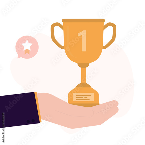 Happy man celebrating win. Hand holds giant golden cup. Male employee achieved great success and received award or bonus. Achievement of goal, victory in competition, award.