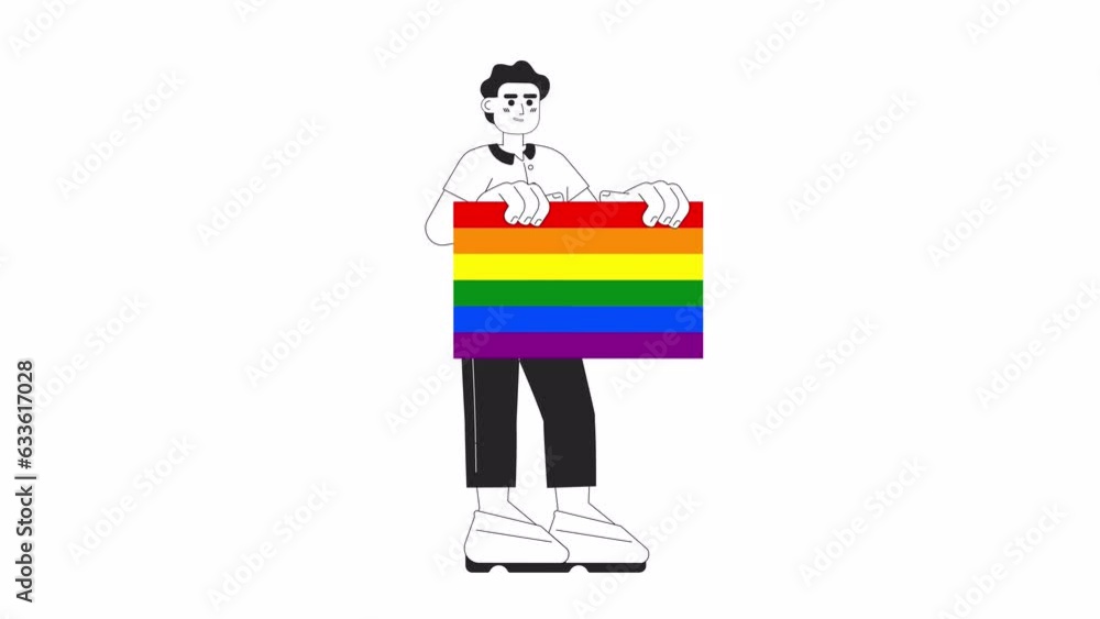 Hispanic gay man holding lgbtq flag bw 2D character animation. Pride parade outline cartoon 4K video, alpha channel. Candid young male homosexual animated person isolated on white background Hispanic gay man holding lgbtq flag bw 2D character animation. Pride parade outline cartoon 4K video, alpha channel. Candid young male homosexual animated person isolated on white background