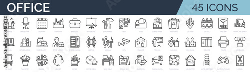 Set of 45 outline icons related to office, workspace, coworking. Linear icon collection. Editable stroke. Vector illustration