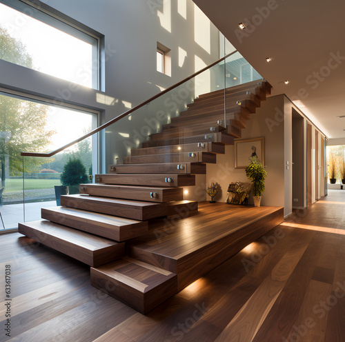 Walnut stairs entrance in hotel