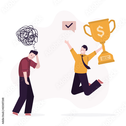 Winner and loser, business competition concept. Ambition to succeed, motivation to get rich and take first place. Happy winner with golden winner cup. Frustrated loser with mental problems