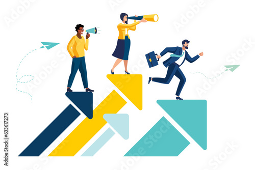 Teamwork vision path goal success. Study horizons company work finding ways develop. People stand profit, growth arrows look binoculars, big telescope spyglass in search new ideas vector illustration