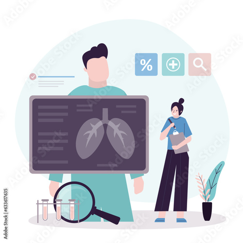 Pulmonologist uses x-rays to identify diseases and pathogens in patients. Lung diseases, checkup, medical technologies for analysis and treatment. Woman doctor and man patient.