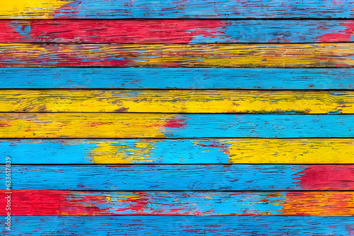 Texture of vintage wood boards with cracked paint of white, red, yellow and blue color, with copy space. Horizontal retro background with wooden planks. AI generated image.