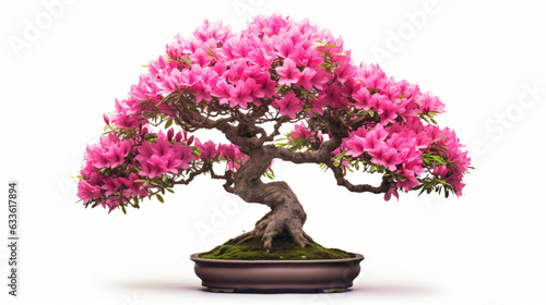 Azalea Rhododendron bonsai shrub in base isolated on white