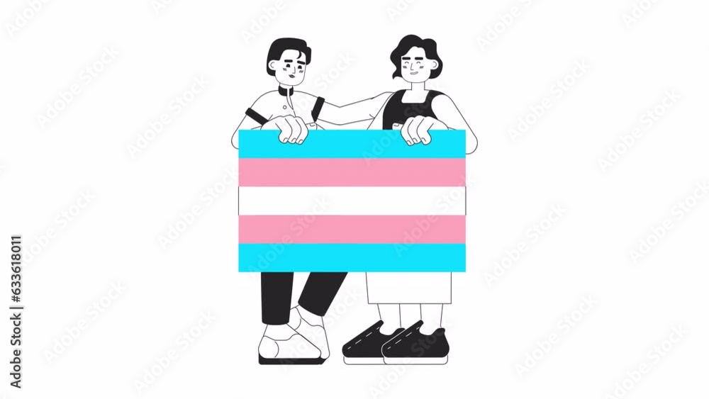 Trans people holding transgender flag bw 2D animation. LGBTQ pride parade 4K video motion graphic. Trans rights. Lgbt support monochrome outline animated cartoon flat concept, white background Trans people holding transgender flag bw 2D animation. LGBTQ pride parade 4K video motion graphic. Trans rights. Lgbt support monochrome outline animated cartoon flat concept, white background