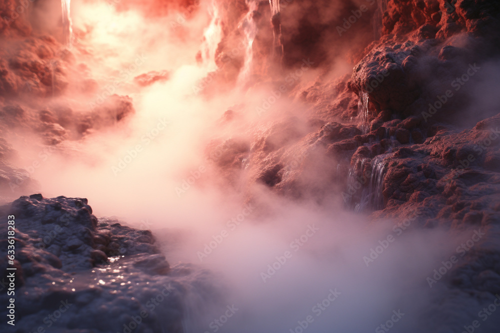 close-up shot of steam rising from the surface of a hot spring, creating an ethereal and mysterious atmosphere 
