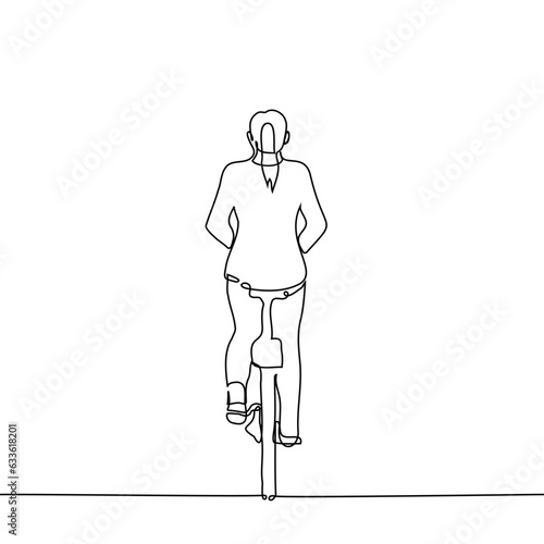 woman rides a bicycle, view from the back - one line art vector. concept cycling