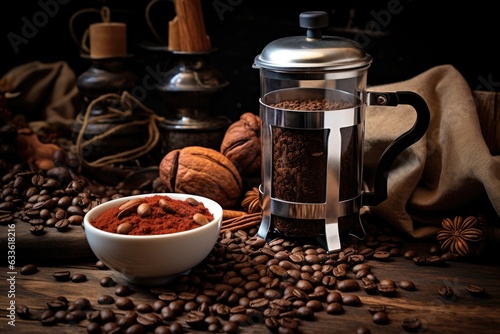 close-up of coffee beans and french press photo
