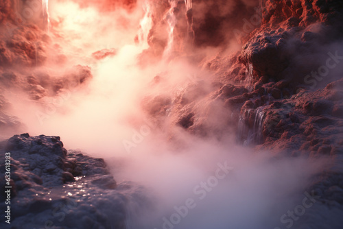 close-up shot of steam rising from the surface of a hot spring, creating an ethereal and mysterious atmosphere  © Tania