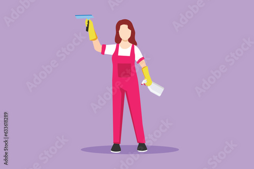 Character flat drawing of smiling cleaning staff member is wiping the window with brush and spray. Concept of woman cleaning windows from dust in different premises. Cartoon design vector illustration