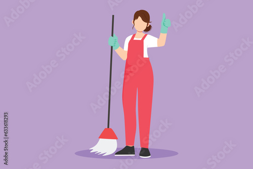 Character flat drawing smiling beautiful female cleaning company staff member holding broom and showing thumbs up gesture. Happy cleaning at home. Cleaning company. Cartoon design vector illustration